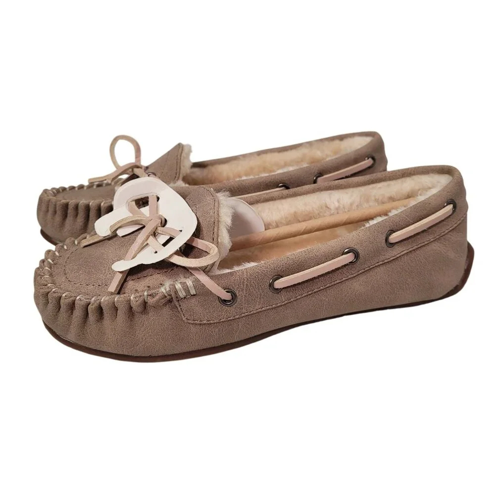 Lucky Brand Youth Girls Moccasin Slippers Size 1 Faux Fur Lined Taupe